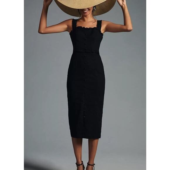 Anthropologie The Linden Square Neck Smocked Midi Dress Black Woman Size Small - Picture 1 of 12